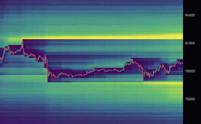 A candlestick chart of Bitcoin ($BTC) overlaid on a liquidation heatmap shows price action consolidating around $78,000-$80,000, with a prominent yellow band indicating the largest liquidation cluster just above recent highs at approximately $81,600.