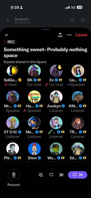 A screenshot of an X (Twitter) Spaces recording titled "Something sweet- Probably nothing space" hosted by the Auskyn account, showing 9 shared posts with hosts SolGo and BK, co-host Ex, and speakers including Lio, Mr..., Ha..., Auskyn, and KIN. The post references the 12/16 top contributors to the space, including the tagged hosts @Solgodsnfts and @BKOnChain who led the discussion.