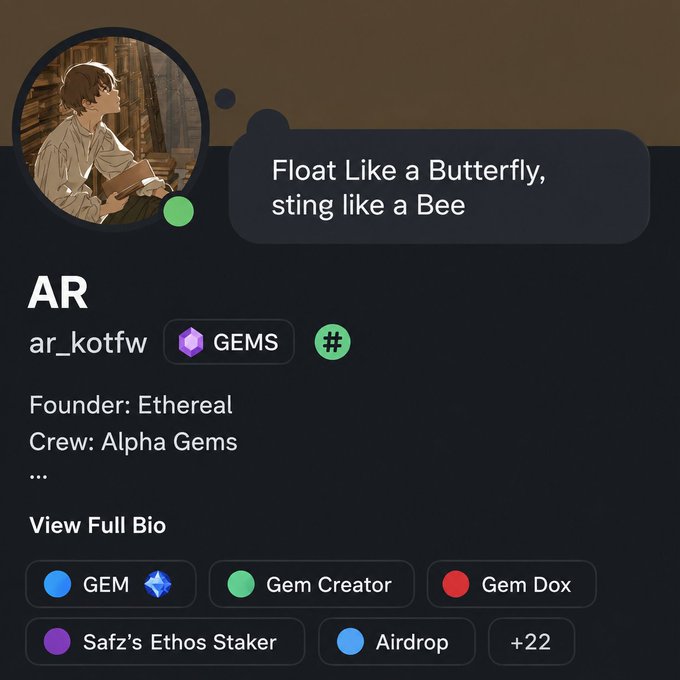 A digital card featuring the username "AR" with handle "ar_kotfw" displays the quote "Float Like a Butterfly, sting like a Bee," alongside badges including GEM, Gem Creator, Gem Dox, Safz's Ethos Staker, Airdrop, and +22 more, with profile details listing the founder as Ethereal and crew as Alpha Gems.