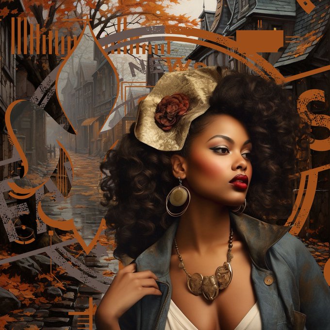 A stylized digital portrait of a woman wearing a decorative gold hat with a rose, large hoop earrings, and a statement necklace, set against a collage background featuring an old European street scene with autumn trees.