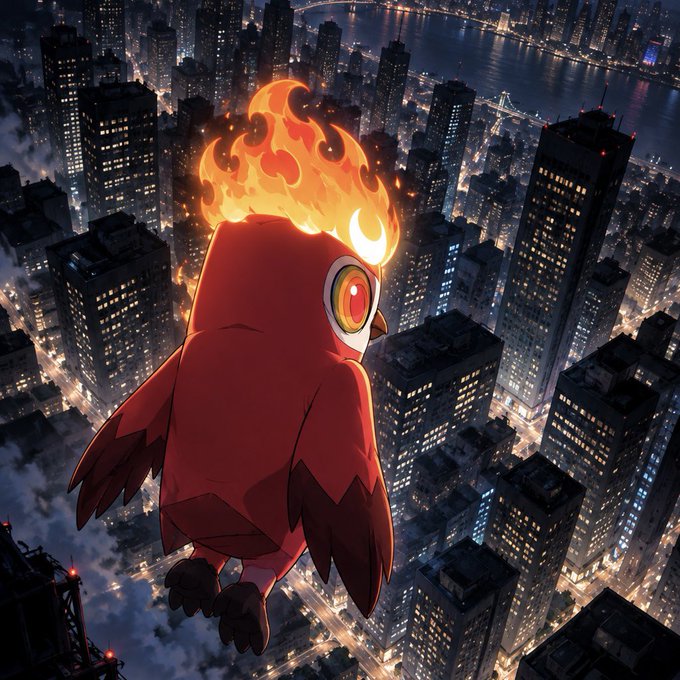 An anime-style illustration of a red owl-like creature with a flaming head, shown from behind as it overlooks a vast, illuminated cityscape at night.