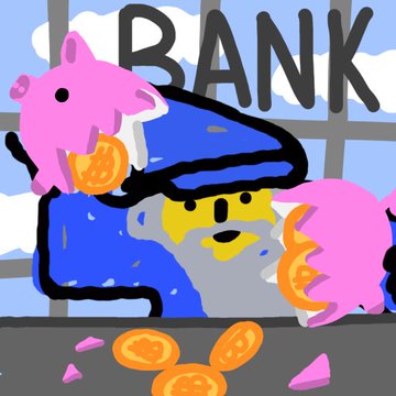 A cartoon drawing of a blue-uniformed bank teller behind a counter with 'BANK' in the background, being attacked by pink piggy banks breaking open with gold coins spilling out.