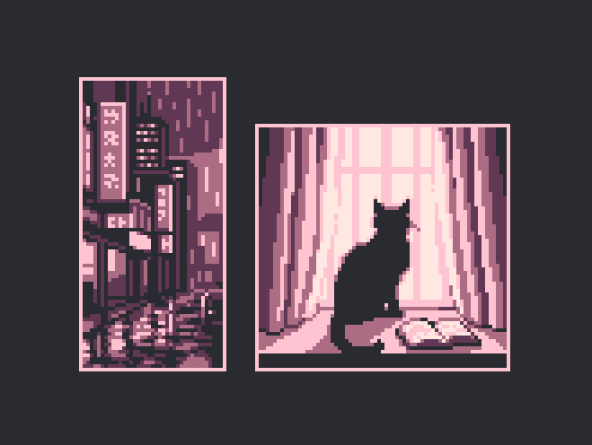 The image features a black cat sitting by an open window, looking out onto the street below. There are two pictures of the same scene displayed side by side with different colors - one in pink and the other in black. The pink picture has a cityscape background, while the black picture depicts the cat directly outside the window. The caption at the bottom of the image reads: "My contribution to @basepaint_xyz Have time to mint the canvas".