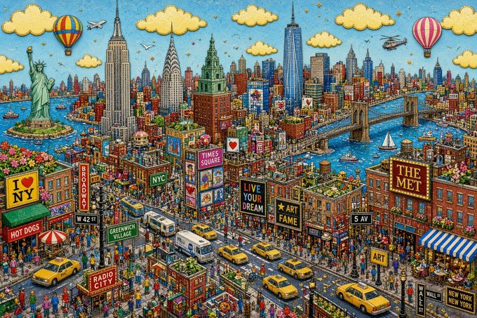 A colorful pop-art illustration of the New York City skyline featuring the Statue of Liberty, Empire State Building, Chrysler Building, yellow taxis, hot dog vendors, and Times Square.