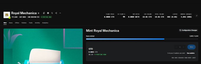 A webpage screenshot showing the OpenSea NFT collection 'Royal Mechanica' with minting status at 2,997/4,262 and a floor price of 0.0609 ETH.