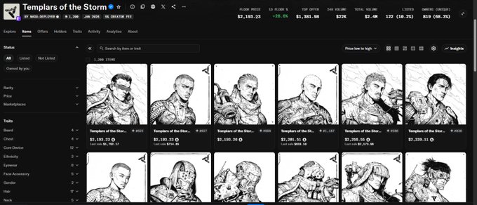 A screenshot of the "Templars of the Storm" NFT collection on OpenSea, displaying a grid of black-and-white character illustrations with listed prices in ETH, alongside a sidebar filter menu detailing traits like Rank, Wind, hairstyles, and eye masks. The image visually supports the post's claim by showing the marketplace listings where these distinct character attributes are available for sorting and viewing.