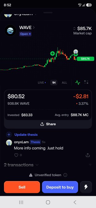 A mobile app screenshot showing the price chart for the 'WAVE' token at $80.52, indicating a 3.37% decrease, with a market cap of $85.7K and buttons for 'Sell' and 'Deposit to buy'.