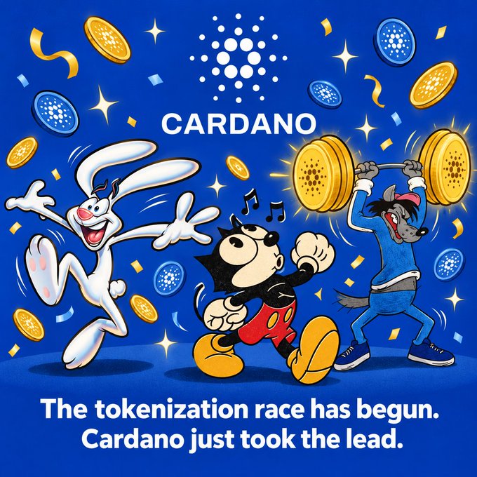 A Cardano promotional graphic featuring Bugs Bunny, Mickey Mouse, and another cartoon character lifting weights, with the text 'CARDANO' and 'The tokenization race has begun. Cardano just took the lead.'
