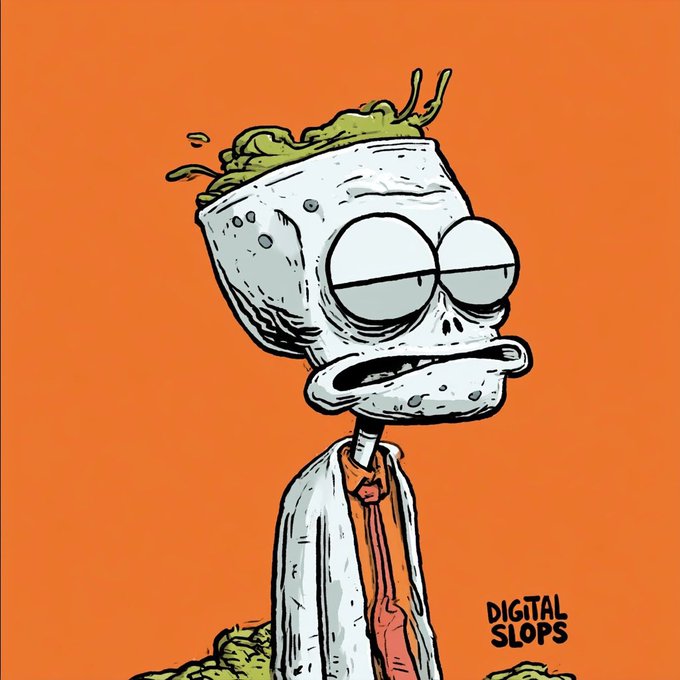 Cartoon illustration on an orange background showing a zombie-like character in a white shirt and red tie with green brain matter spilling from its head, labeled 'DIGITAL SLOPS' in the bottom right corner.
