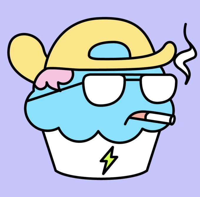 A cartoon illustration of a blue cupcake character with white sunglasses, a yellow backwards cap, pink frosting on top, and a lit cigarette dangling from its mouth, set against a purple background.