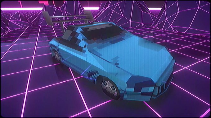 A low-poly 3D rendering of a blue car with a rear spoiler, displayed in a retro-futuristic digital environment with a glowing purple neon grid floor.
