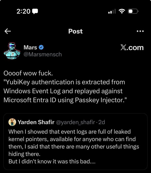 A X.com post by Mars (@Marsmensch) reacting to security news, quoting Yarden Shafir (@yarden_shafir): 'Oooof wow fuck. "YubiKey authentication is extracted from Windows Event Log and replayed against Microsoft Entra ID using Passkey Injector."'
