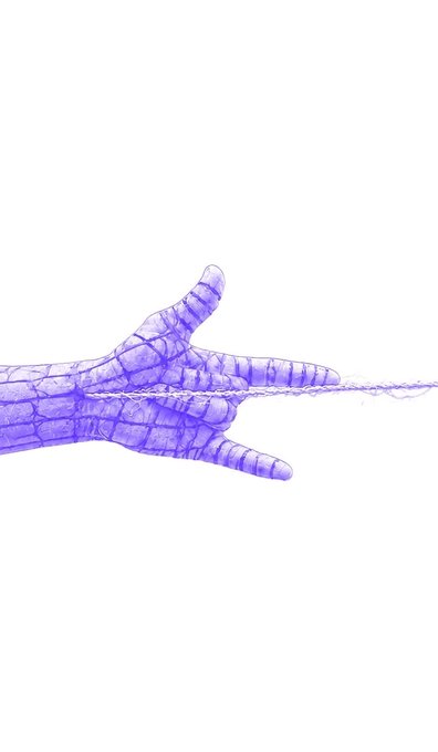 A stylized purple 3D wireframe hand extends horizontally and appears to be pulling or holding a thin, watery thread against a stark white background.
