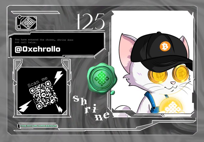 A digital graphic featuring a cartoon cat wearing a Bitcoin cap with golden coin eyes, alongside a QR code labeled "Scan me," the handle @0xchr0ll0, and a green wax seal stamp on a grayscale background.