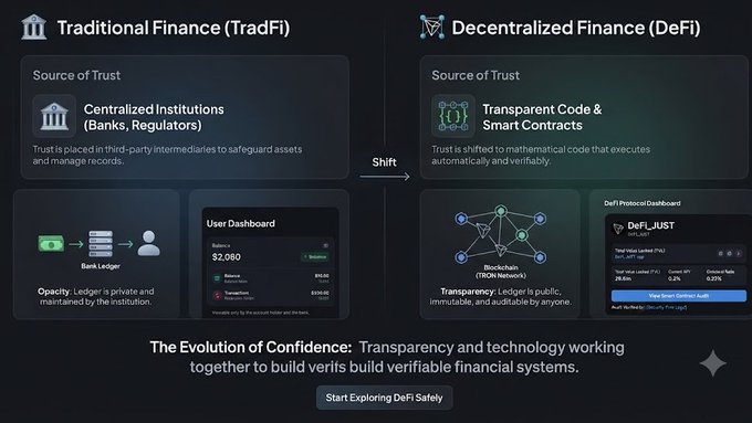 A comparison infographic titled 'Traditional Finance (TradFi)' versus 'Decentralized Finance (DeFi)', highlighting differences in 'Source of Trust' and 'Transparency'.