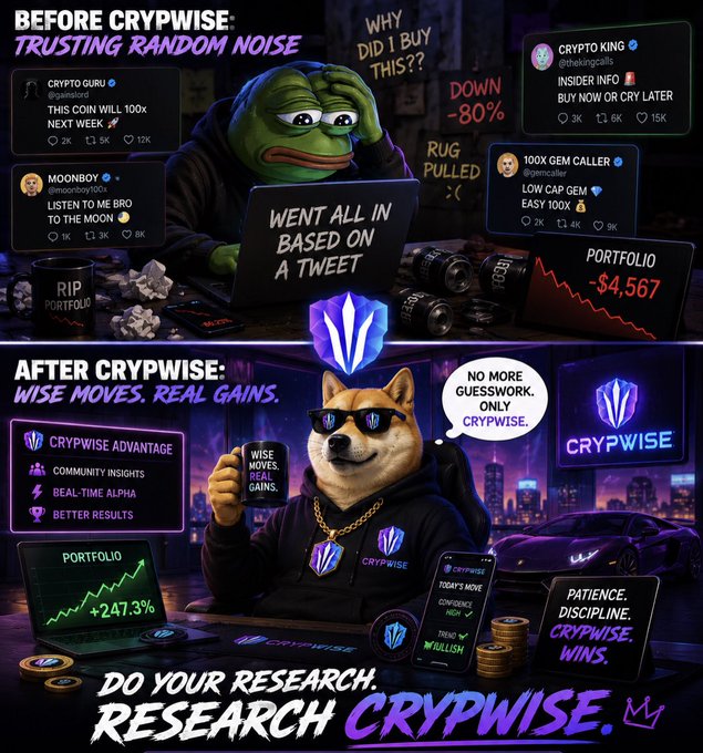 A split-screen meme comparing a distressed Pepe making poor investment decisions based on tweets ("This coin will 100x," "Listen to me bro to the moon") with a portfolio down -80%/$4,567 loss, versus a confident Shiba Inu wearing sunglasses using Crypwise to achieve a +247.3% portfolio gain with a "Trend Bullish" signal on $WGMI. The image promotes Crypwise as a research tool offering "Community Insights," "Real-Time Alpha," and "Better Results," aligning with the post's message about avoiding CT noise and doing proper research with @crypwise_hq.