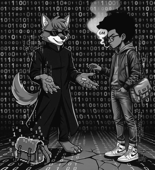 The image features two cartoon characters - one dressed in black with sunglasses and a cape, and another wearing a backpack and glasses. They are standing next to each other, engaged in conversation or possibly having an argument. The caption above them reads "GM Most DeFi projects add another feature and call it innovation. @wolfswapdotapp Wolfage started as a small ecosystem feature. Now it has progression, battles, and integrations like Lazy Lions. That'S how ecosystems actually grow."