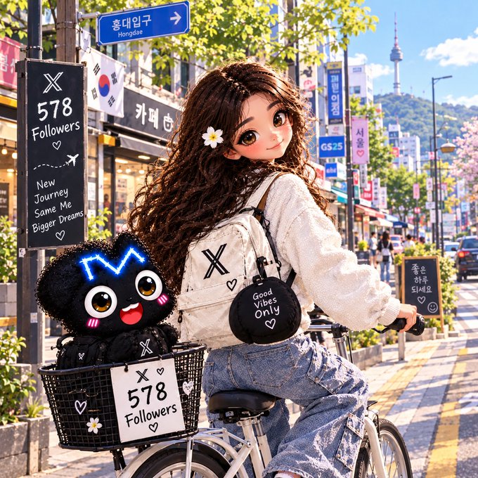 An animated illustration depicts a girl on a bicycle in a bustling Korean street, featuring an 'X 578 Followers' sign and a cartoon mascot in the bike basket.