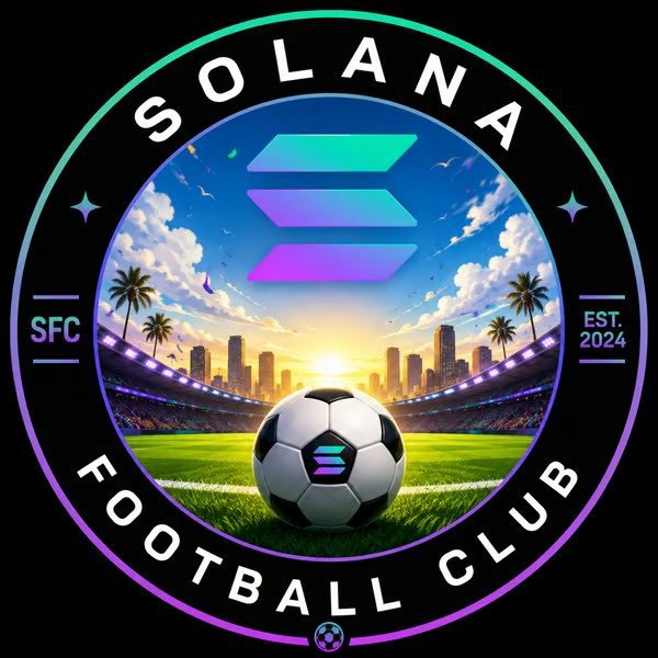 The image features a soccer ball, which is the main focus of the scene. The soccer ball is surrounded by a cityscape with buildings, palm trees, and a sunset, creating an urban sports setting. In the background, there are logos for the Solana cryptocurrency network and the Solana football club. The text in the image reads "I found a gem that will do 100x! I bought $SOLFC from the Solana network!" This suggests that the soccer ball is associated with a unique or valuable item, possibly related to the Solana cryptocurrency network or the Solana football club.