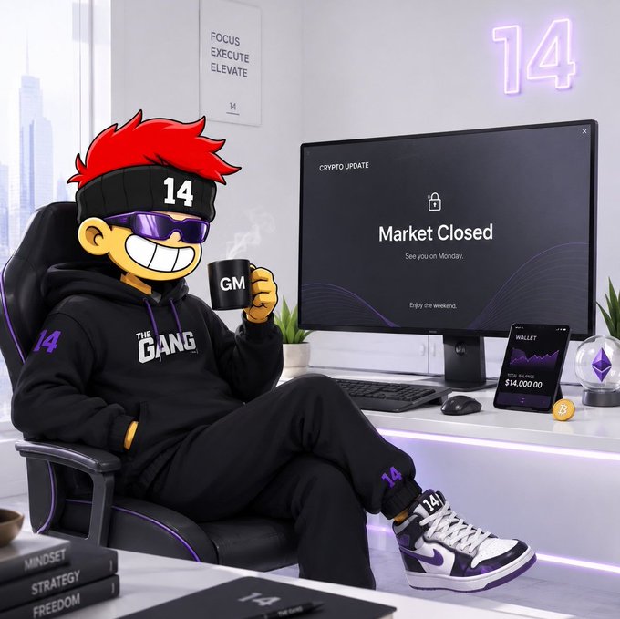 A cartoon character with red hair wearing a black hoodie with '14' and 'THE GANG' logos, holding a 'GM' mug, sitting at a desk with a monitor displaying 'CRYPTO UPDATE - Market Closed'.