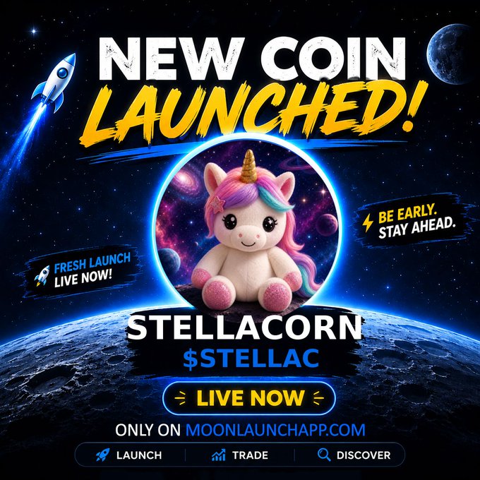 An advertisement for a new cryptocurrency called '$STELLAC' or 'STELLACORN', featuring a unicorn plush toy in space, with text including 'NEW COIN LAUNCHED!', 'LIVE NOW', and 'ONLY ON MOONLAUNCHAPP.COM'.