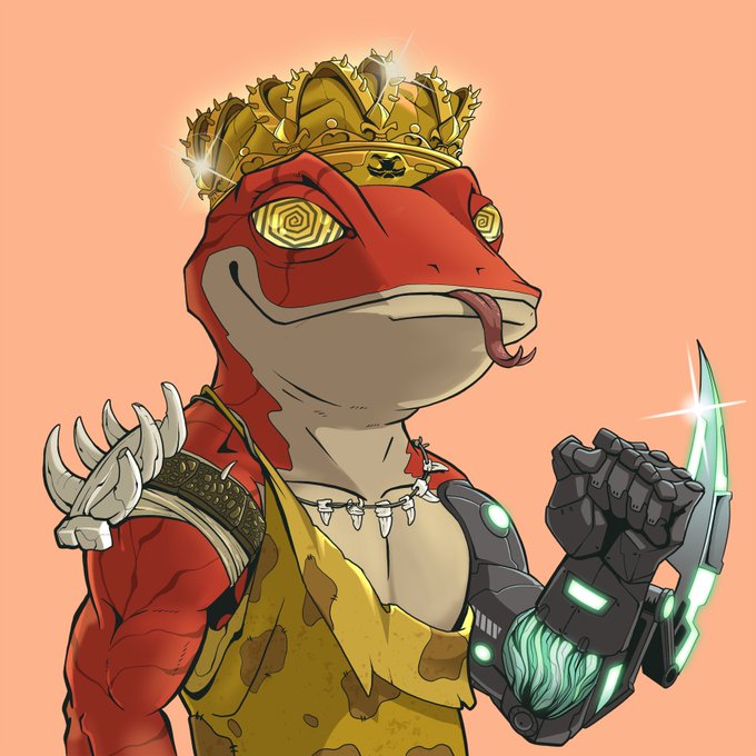 A digital illustration of a red reptilian humanoid character wearing a golden crown, with a mechanical arm holding a glowing green blade.