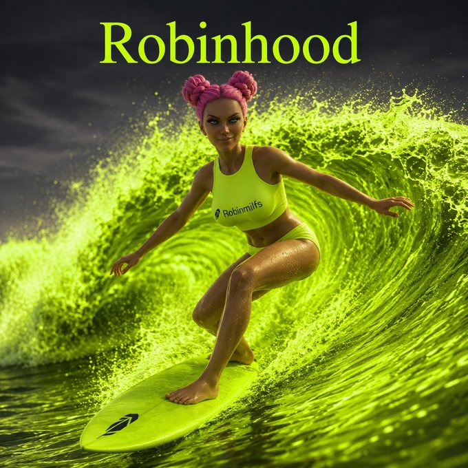 A digitally rendered image featuring a woman with pink hair buns surfing on a vibrant green wave, with "Robinhood" displayed in green text at the top and a "Robinmiffs" logo on her top.