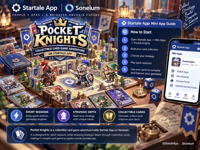 A promotional graphic for 'Pocket Knights,' a card game adventure on the Soneium blockchain via Startale App, featuring game artwork and a mobile app guide with steps on how to start.
