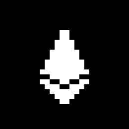 A minimalist pixel art depiction of a white masked face or helmet design on a black background.