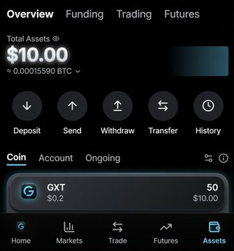 A screenshot of the GXT Exchange "Assets" page showing a total balance of $10.00 (≈0.00015590 BTC), with 50 GXT tokens valued at $0.2 displayed in the coin list, visually confirming the free $10 signup reward advertised in the post.