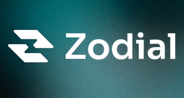 The image features a logo for Zodial, an online lending platform that has just launched its first portfolio-margin lending protocol. The logo consists of two white arrows pointing towards each other, with "Zodial" written below them in black text. The background is a light blue color, and the word "solana" can be seen as well.