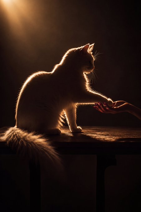 A white cat reaches out to touch a human hand in a dimly lit scene with warm, atmospheric lighting, symbolizing the connection between giving and receiving as referenced in the post about supporting stray cats through NFT sales.