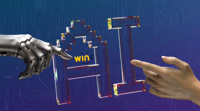 A robotic hand and a human hand reach toward a stylized "WIN" logo set against a blue circuit board backdrop, symbolizing the partnership between AI and blockchain technology. The image visually represents the post's message about WINkLink providing reliable price feeds to safeguard TRON lending protocols from manipulation and liquidation risks.