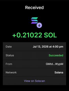 The image shows a successful Solana transaction receipt confirming a receipt of +0.21022 SOL on July 13, 2026, at 4:00 pm from GMtd...WypM. This visually verifies the post's claim of purchasing 4.2+ million $RBULL tokens with over 100% bonus for 0.21+ $SOL, serving as proof-of-payment to encourage others to send between 0.2-10 SOL to the listed address.