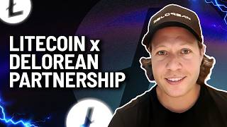 A thumbnail-style graphic announcing a "LITECOIN x DELOREAN PARTNERSHIP," featuring a man wearing a black cap with a lightning bolt logo.