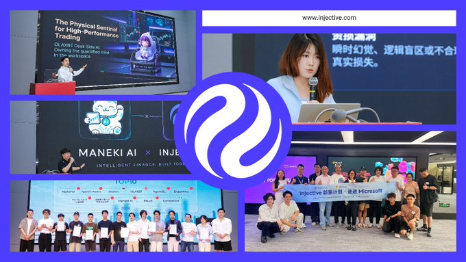 A purple-themed promotional collage for Injective featuring the project's logo in the center, surrounded by four images showing presentations, partnerships with MANEKI AI, presentations on 'The Physical Sentiol for High-Performance Trading,' and team photos with Microsoft.