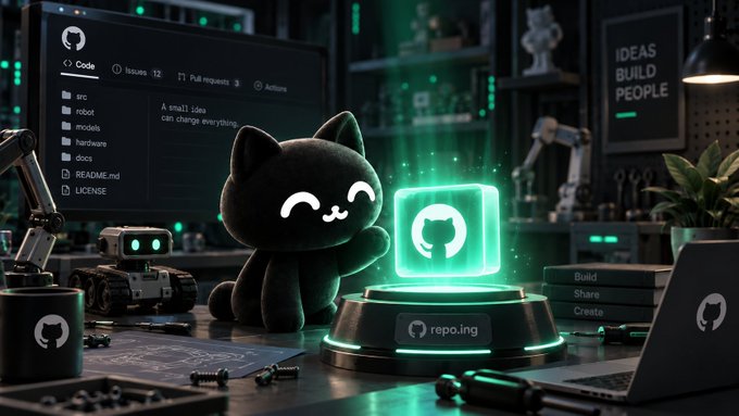 A stylized digital artwork showing the GitHub Octocat mascot as a plush toy sitting next to a glowing green holographic GitHub logo. The scene includes a computer monitor displaying a GitHub repository interface, a small robot, a laptop, and the motivational text 'IDEAS BUILD PEOPLE' in the background.