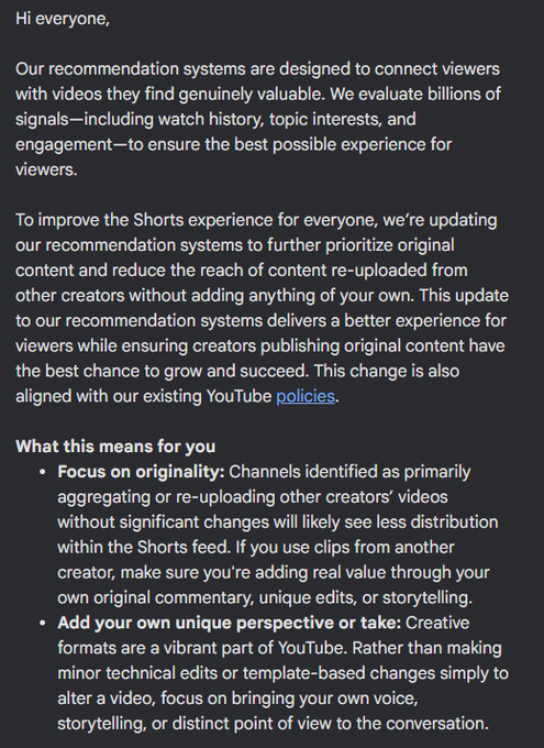 A YouTube announcement explaining updates to Shorts recommendation systems to prioritize original content and reduce the reach of re-uploaded videos from other creators.