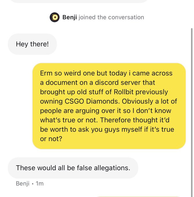 A chat conversation shows a user asking "Benji" about rumors linking Rollbit to CSGO Diamonds, to which Benji replies "These would all be false allegations," illustrating Rollbit's continued denial of any connection to CSGO Diamonds as referenced in the accompanying post.
