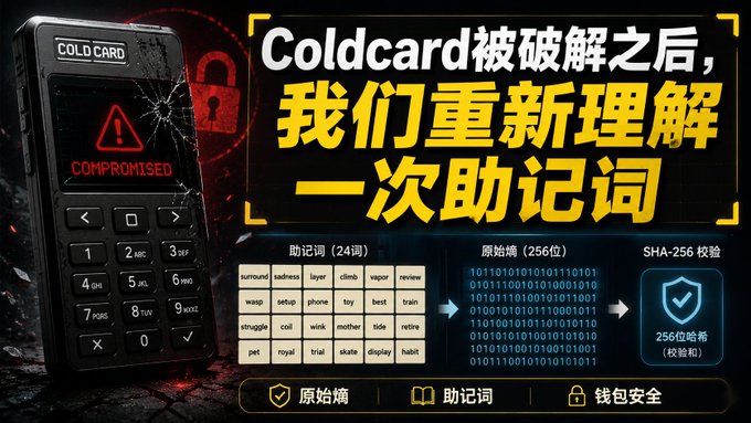 The image is a promotional thumbnail for a video titled "Coldcard被破解之后，我们重新理解一次助记词" (After Coldcard was compromised, we re-understand mnemonic phrases), featuring a Coldcard hardware wallet displaying a "COMPROMISED" warning, alongside a visual breakdown showing 24 mnemonic words ("surround sadness layer climb vapor review...") being converted to a 256-bit original entropy and verified with SHA-256.

The accompanying post introduces the video by host "大方" (Dafang), who addresses the security incident involving the Coldcard hardware cold wallet, where users' seemingly untouched Bitcoin were unexpectedly transferred out, prompting a need to re-examine how mnemonics work.