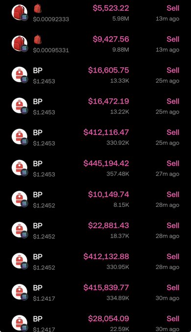 A list of recent "Sell" transactions from a crypto account, showing large BP token sales ranging from $10,149.74 to $445,194.42, alongside small sales of a meme token valued at fractions of a cent. The transactions, occurring within 13-30 minutes of each other, depict a whale dumping their entire holdings of over 1.4M BP (~$1.8M) and 15.86M "Just a Backpack" tokens on Backpack exchange.