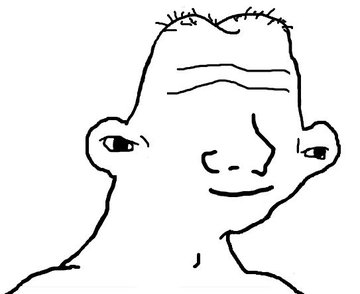 A minimalist black-and-white line drawing of a bald character's face with a smug expression.