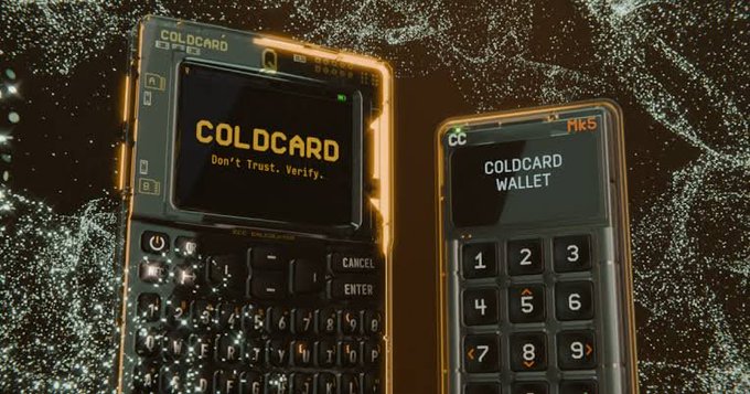 The image shows a "Coldcard," a hardware cryptocurrency wallet, depicted in a stylized graphic suggesting technological sophistication or a recent release. It's associated with a post about a critical firmware vulnerability that has led to substantial financial losses, indicated by the text highlighting the theft of Bitcoin and recommending immediate action from users to update their devices and secure their wallets. The visual representation of the Coldcard wallet ties directly to this alert, emphasizing the brand and the necessity for users to address the security flaw.