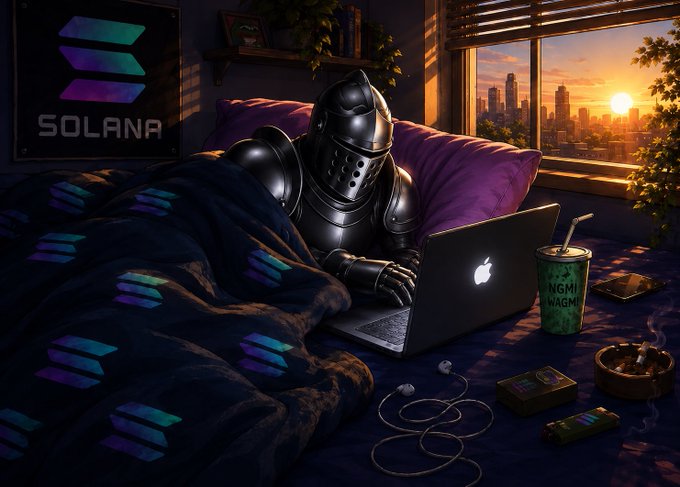 A knight in shining armor relaxes in bed with a laptop, a "Solana" logo glowing on the wall, a coffee cup labeled "WAGMI" nearby, and scattered NFT cards — perfectly capturing the weekend vibes of an NFT collector waiting for the next mint and $STKR burn event.