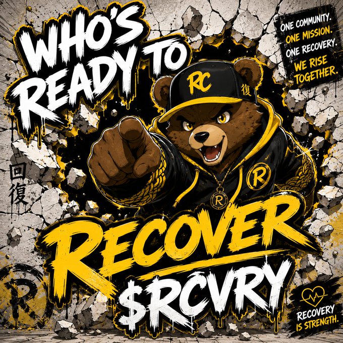 A promotional graphic for a 'RECOVER $RCVR' cryptocurrency, depicting an anthropomorphic bear in a black and yellow tracksuit pointing forward, with the text 'WHO'S READY TO RECOVER' and 'ONE COMMUNITY. ONE MISSION. ONE RECOVERY. WE RISE TOGETHER.'