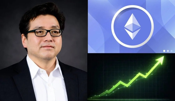 A composite image showing a portrait of Tom Lee (Fundstrat) on the left, with the Ethereum logo and a green upward-pointing arrow chart on the right.