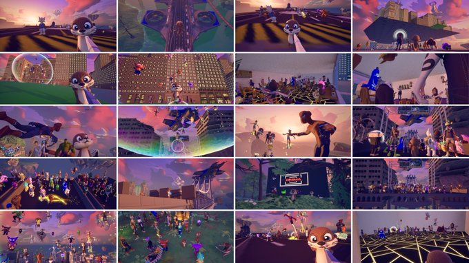 A collage of vibrant screenshots from the OthersideMeta virtual world showcases a raccoon-like otter avatar exploring diverse environments, rooftop gatherings, and crowds of players, complementing the post celebrating "otter cinema" and the transformative experience hosted by the ApeChainHUB community.