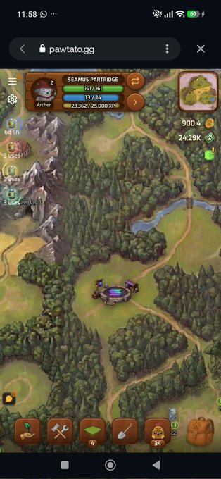 A screenshot of the mobile strategy game Pawtato.gg, showing a player named "SEAMUS PARTRIDGE" (level 2 Archer with 16/16 health and 23,362/25,000 XP) overseeing a forested map base with 900.4 gold and 24.29K resources.

The image illustrates a gaming partnership, with the post expressing enthusiasm about Solana's expansion into the gaming space and welcoming new players to the platform.