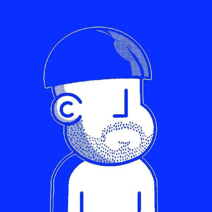 A minimalist pixel-art style illustration depicts a bearded man's face and upper body in white against a solid blue background.