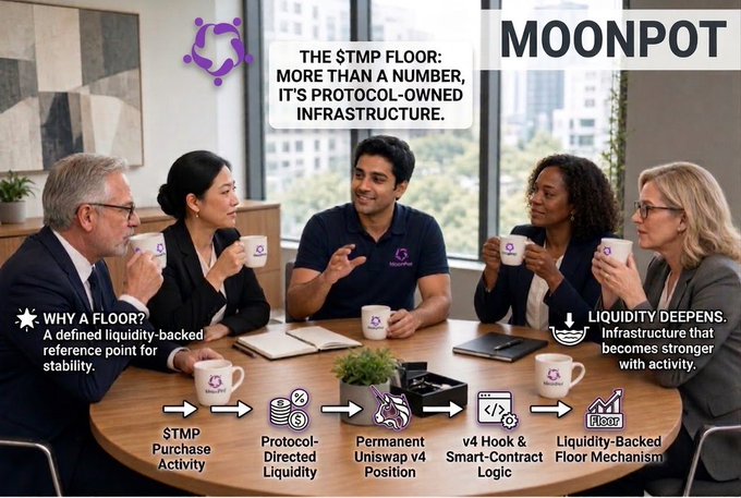 A promotional graphic for MOONPOT featuring five people in business attire seated around a table holding branded mugs, explaining 'THE STMP FLOOR' as protocol-owned infrastructure with a flow diagram showing STMP Purchase Activity, Protocol-Directed Liquidity, Permanent Uniswap v4 Position, v4 Hook & Smart-Contract Logic, and Liquidity-Backed Floor Mechanism.